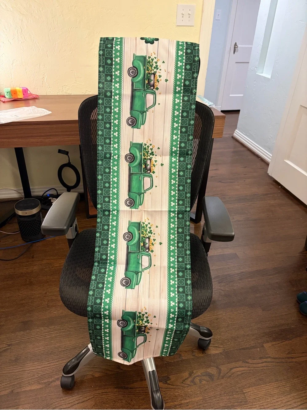 St. Patrick's Day Green Truck Table Runner with Shamrock Trim